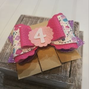NWT Birthday Cake Age 4 Faux Pink Leather Bow with clip, Made in USA